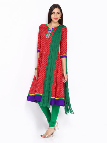 Anouk Women Red &amp; Green Printed Anarkali Churidar Kurta with Dupatta