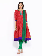 Anouk Women Red &amp; Green Printed Anarkali Churidar Kurta with Dupatta