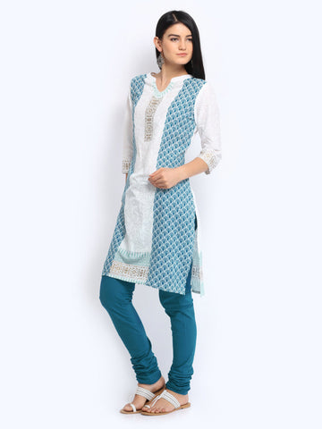 Anouk Women White &amp; Blue Printed Churidar Kurta