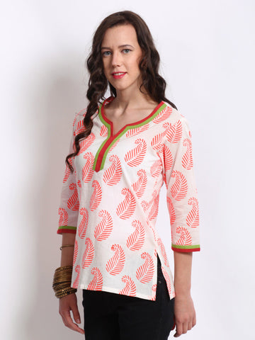 Anouk Women White &amp; Neon Orange Printed Kurti