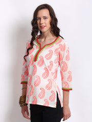 Anouk Women White &amp; Neon Orange Printed Kurti