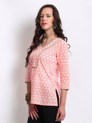 Anouk Women White &amp; Neon Orange Printed Kurti