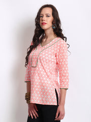 Anouk Women White &amp; Neon Orange Printed Kurti