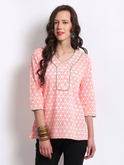 Anouk Women White &amp; Neon Orange Printed Kurti