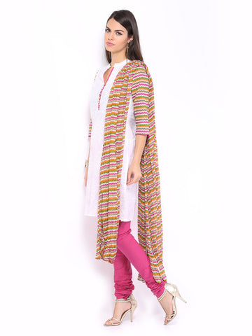 Anouk Women White &amp; Pink Printed Churidar Kurta with Dupatta