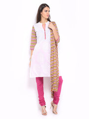 Anouk Women White &amp; Pink Printed Churidar Kurta with Dupatta