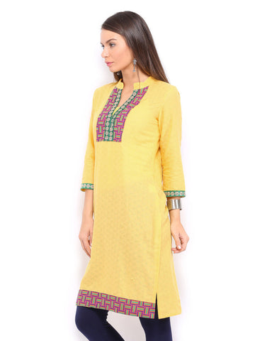 Anouk Women Yellow Dobby Cotton Kurta