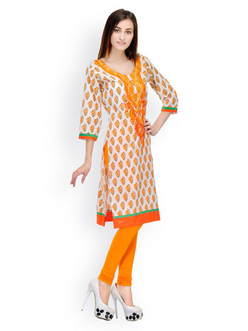 Aujjessa Women White &amp; Orange Printed Kurta