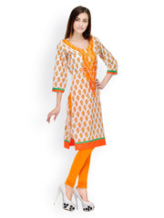 Aujjessa Women White &amp; Orange Printed Kurta