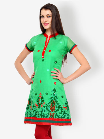 Aujjessa Women Green Embroidered Kurta