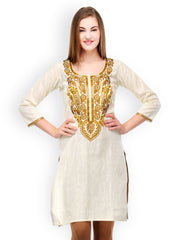 Aujjessa Women Cream Coloured Embroidered Kurta