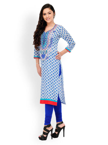 Aujjessa Women Blue &amp; White Printed Kurta