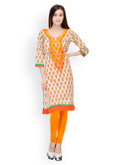 Aujjessa Women White &amp; Orange Printed Kurta