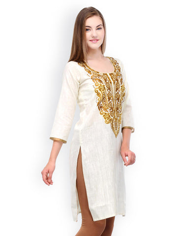 Aujjessa Women Cream Coloured Embroidered Kurta