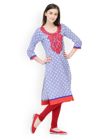 Aujjessa Women White &amp; Blue Printed Kurta