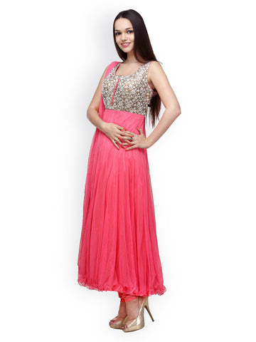 Aujjessa Women Pink Embroidered Anarkali Churidar Kurta with Dupatta