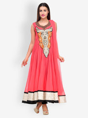 Aujjessa Women Peach Coloured Embroidered Anarkali Chudidar Kurta With Dupatta