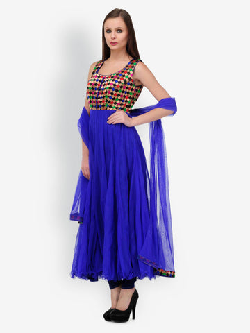 Aujjessa Women Blue Anarkali Net Churidar Kurta with Dupatta