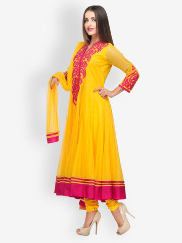 Aujjessa Women Pink &amp; Yellow Embroidered Anarkali Churidar Kurta with Dupatta