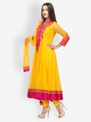 Aujjessa Women Pink &amp; Yellow Embroidered Anarkali Churidar Kurta with Dupatta