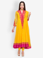 Aujjessa Women Pink &amp; Yellow Embroidered Anarkali Churidar Kurta with Dupatta