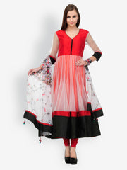 Aujjessa Women Red &amp; White Anarkali Chudidar Kurta With Dupatta