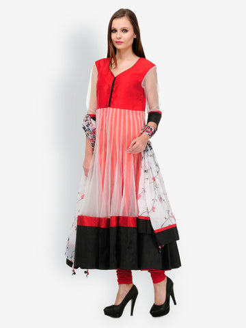 Aujjessa Women Red &amp; White Anarkali Chudidar Kurta With Dupatta
