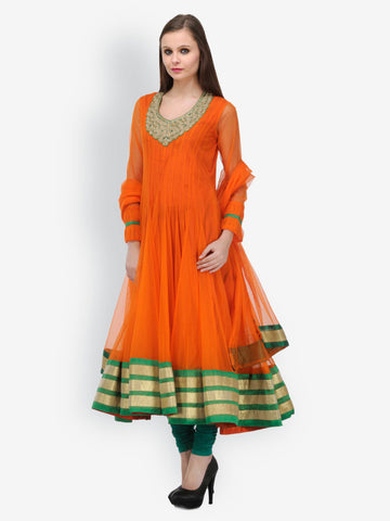 Aujjessa Women Orange &amp; Green Anarkali Chudidar Kurta With Dupatta