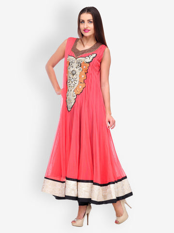 Aujjessa Women Peach Coloured Embroidered Anarkali Chudidar Kurta With Dupatta