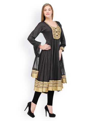 Aujjessa Women Black Net Anarkali Churidar Kurta with Dupatta
