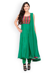 Aujjessa Women Green Embroidered Anarkali Churidar Kurta with Dupatta