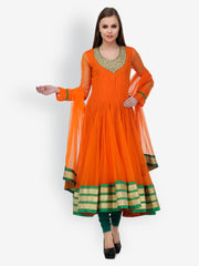 Aujjessa Women Orange &amp; Green Anarkali Chudidar Kurta With Dupatta