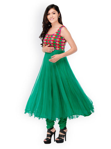 Aujjessa Women Green Embroidered Anarkali Churidar Kurta with Dupatta