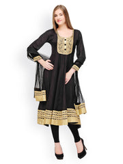 Aujjessa Women Black Net Anarkali Churidar Kurta with Dupatta