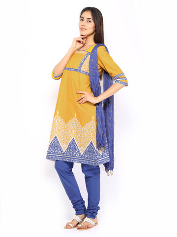 Aurelia Women Mustard Yellow &amp; Blue Churidar Kurta with Dupatta