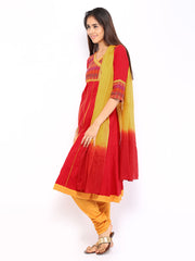 Aurelia Women Red &amp; Mustard Yellow Anarkali Churidar Kurta with Dupatta