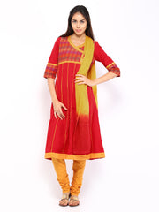 Aurelia Women Red &amp; Mustard Yellow Anarkali Churidar Kurta with Dupatta