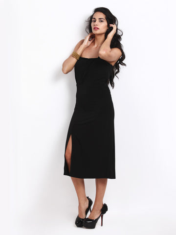 Avirate Solid Black Midi Dress
