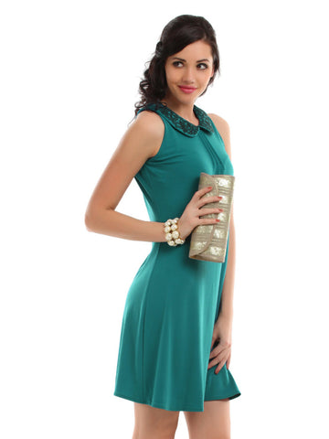 Avirate Women Teal Floral Embroidered Peter Pan Collar Shift Dress