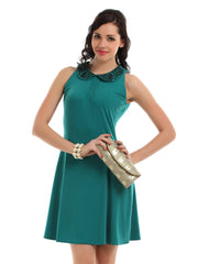 Avirate Women Teal Floral Embroidered Peter Pan Collar Shift Dress