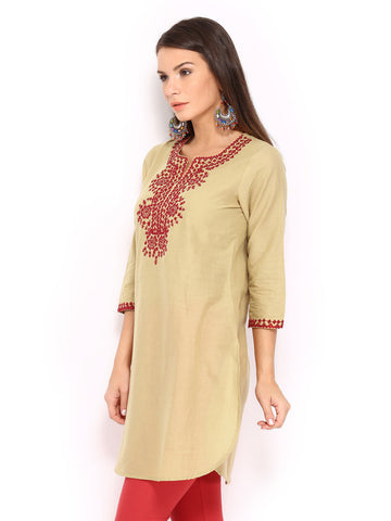 BIBA Women Beige Embroidered Kurta