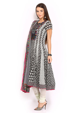 BIBA Women Black &amp; Off-White Churidar Kurta with Dupatta