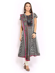 BIBA Women Black &amp; Off-White Churidar Kurta with Dupatta