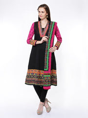 BIBA Women Black Printed Churidar Kurta with Dupatta