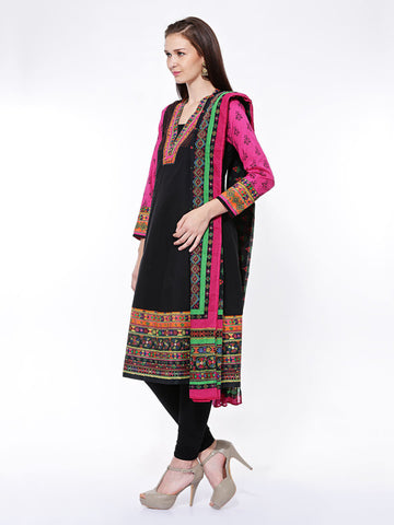 BIBA Women Black Printed Churidar Kurta with Dupatta