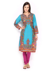 BIBA Women Blue &amp; Multicoloured Printed Kurta
