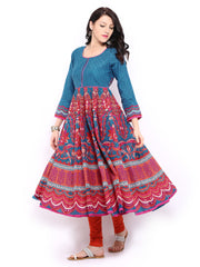 BIBA Women Blue &amp; Orange Printed Anarkali Kurta