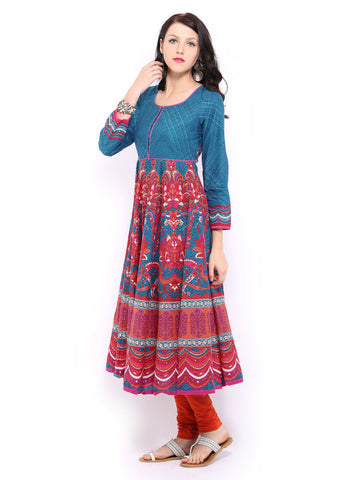 BIBA Women Blue &amp; Orange Printed Anarkali Kurta