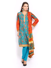 BIBA Women Blue &amp; Orange Printed Churidar Kurta with Dupatta