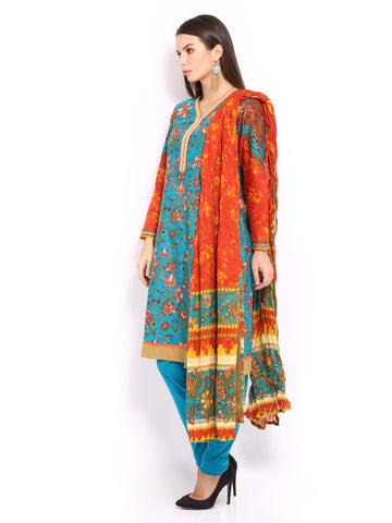 BIBA Women Blue &amp; Orange Printed Churidar Kurta with Dupatta